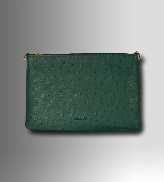 DESIGNER CROSSBODY CLUTCH IN EMRALD OSTRICH